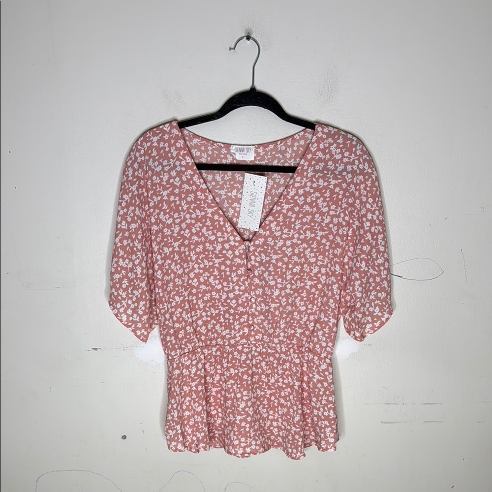Sienna Sky Pink Floral Flutter Peplum Blouse Short Sleeve Size Large